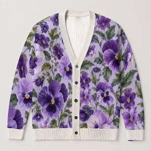Purple Pansy Blooms for Relaxed Spring Layering and Everyday Garden Style Dressing All-over Print Knitted Cardigan
