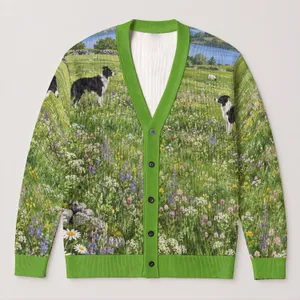Sheepdog Meadow Green Layering Style for Countryside Walks, Weekends, and Travel All-over Print Knitted Cardigan