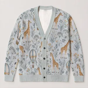 Giraffe And Hot Air Balloon Meadow Scene For Relaxed Fall Layering, Women's Casual Style All-over Print Knitted Cardigan