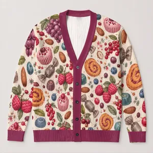 Pastel Berry and Sweet Treat Motifs for Cozy Autumn Layering, Women's Casual Style All-over Print Knitted Cardigan