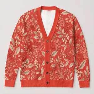 Coral Berry Botanical Floral Motifs for Autumn Layering and Everyday Office Wear All-over Print Knitted Cardigan