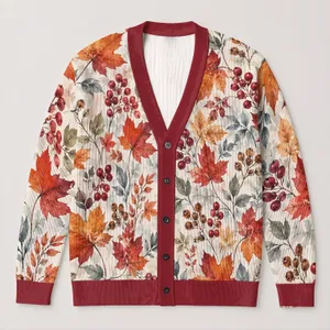 Watercolor Autumn Leaves and Berry Sprigs for Cozy Fall Layering and Weekend Outings All-over Print Knitted Cardigan