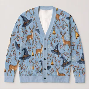 Blue Deer Witch Hats and Golden Bells for Cozy Autumn Gatherings and Gift Giving All-over Print Knitted Cardigan