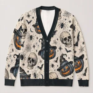 Witch Hat Pumpkin Skulls for Halloween Layering, Women’s Cozy Fall Holiday Style All-over Print Knitted Cardigan