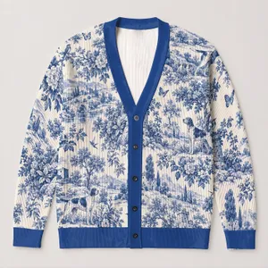 Blue And White Toile Dogs And Balloons For French Country Office And Weekend Layering All-over Print Knitted Cardigan