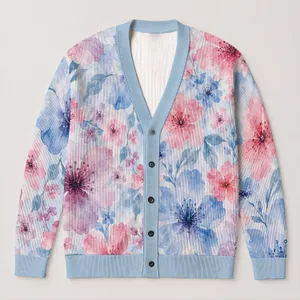 Pastel Blue Pink Floral Layering Style for Women, Elegant Spring Fall Everyday Wardrobe All-over Print Knitted Cardigan