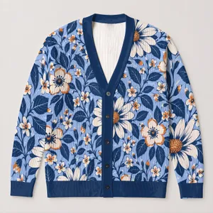 Blue Daisy Floral Blooms for Relaxed Everyday Layering and Cozy Weekend Casual Style All-over Print Knitted Cardigan