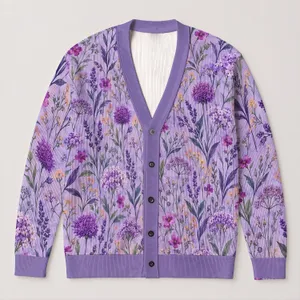 Purple Wildflower Meadow Motifs for Relaxed Autumn Layering and Thoughtful Gifts for Women All-over Print Knitted Cardigan