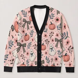 Spooky Ghosts, Pumpkins and Plaid Bows for Halloween Layering Women Fall Outfit Cozy All-over Print Knitted Cardigan