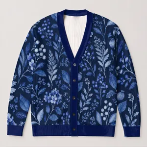 Blue Botanical Foliage for Autumn Layering, Everyday Office Style and Evening Events All-over Print Knitted Cardigan