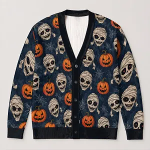 Mummy Pumpkin Halloween Motifs for Spooky Seasonal Layering and Parties, Plus Size Women All-over Print Knitted Cardigan