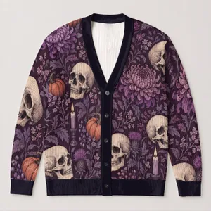 Skulls And Chrysanthemums For Moody Autumn Evenings And Halloween Gatherings For Women All-over Print Knitted Cardigan