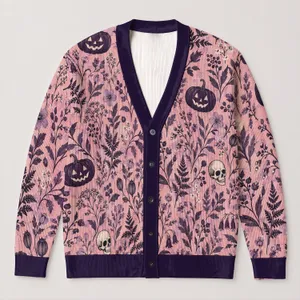 Skull Pumpkin Botanical Motifs For Halloween And Fall Layering, Gothic Boho Women All-over Print Knitted Cardigan