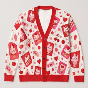 Pink Ice Cream Hearts And Polka Dots For Sweet Everyday Layering Style All-over Print Knitted Cardigan