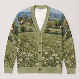 Countryside Village Meadow Daisies And Bees For Casual Autumn Layering Women Outdoors All-over Print Knitted Cardigan