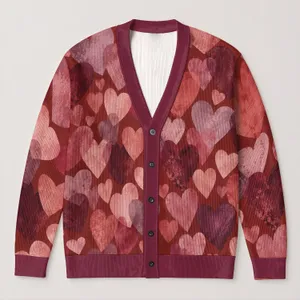 Romantic Heart Motifs for Everyday Dates and Commuting, Women’s Gentle Retro Style All-over Print Knitted Cardigan