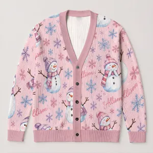 Allison Watercolor Snowmen and Snowflakes for Cozy Winter Layering, Sweet Seasonal Style All-over Print Knitted Cardigan