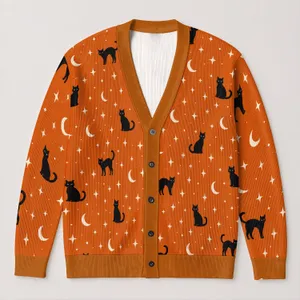 Halloween Black Cat Moon Stars for Cozy Autumn Layering and Everyday Fall Style Looks All-over Print Knitted Cardigan