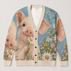 Cute Pig And Daisy Meadow Companion For Everyday Outings And Farmhouse Style Lovers All-over Print Knitted Cardigan