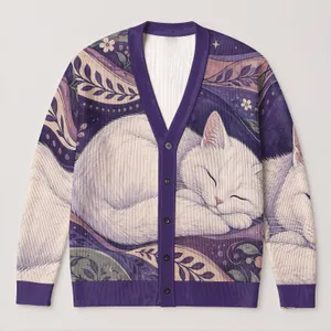Sleeping White Cat Floral Waves Cozy Everyday Layering Gift For Cat Lovers Women All-over Print Knitted Cardigan