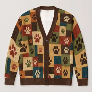 Vintage Paw Motif Travel Companion for Weekend Getaways and Pet Lover Adventures All-over Print Knitted Cardigan