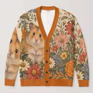 Cute Hamster and Wildflower Scene for Cozy Everyday Layering and Nature-Loving Women All-over Print Knitted Cardigan