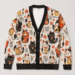 Maneki-Neko Lucky Cats for Japanese-Inspired Everyday Layering, Women’s Gift Idea All-over Print Knitted Cardigan
