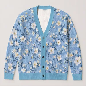 Blue Wildflower Branches for Relaxed Everyday Layering, Feminine Spring Style for Women All-over Print Knitted Cardigan