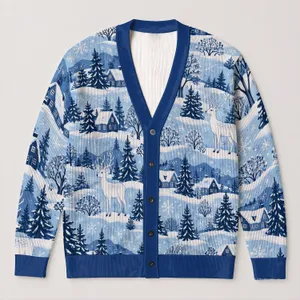 White Reindeer Snowy Village Scene for Cozy Winter Outings and Women's Layering All-over Print Knitted Cardigan