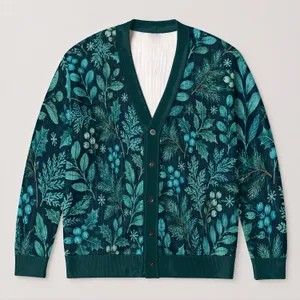 Teal Botanical Foliage for Cozy Autumn Outings and Everyday Layering for Modern Women All-over Print Knitted Cardigan