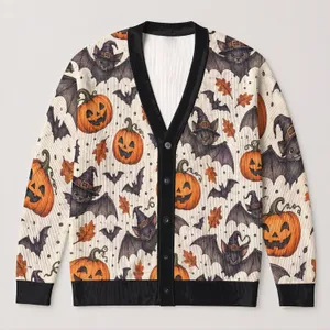 Bat And Pumpkin Halloween Style For Festive Autumn Layering And Cozy October Outings All-over Print Knitted Cardigan