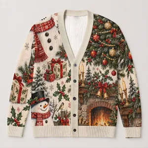 Festive Snowmen, Christmas Trees And Fireplace Scene For Cozy Winter Holiday Gatherings All-over Print Knitted Cardigan