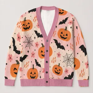 Pastel Halloween Pumpkins, Bats and Spiderwebs for Cozy Autumn Layering for Women All-over Print Knitted Cardigan
