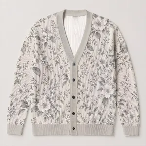 Monochrome Floral Botanical Layering Style for Soft Everyday Garden Living All-over Print Knitted Cardigan