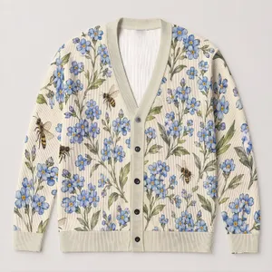 Blue Forget-Me-Not Blooms and Honeybees for Relaxed Autumn Office Layering Women All-over Print Knitted Cardigan