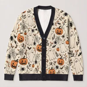 Ghost Pumpkin Halloween Motifs for Cozy Autumn Layering and Festive Gatherings, Women All-over Print Knitted Cardigan