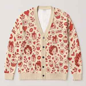Romantic Red Heart Bear And Floral Motifs For Valentine's Day Women's Everyday Layering All-over Print Knitted Cardigan