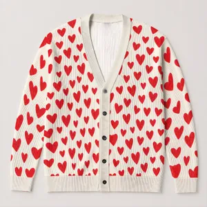 Red Heart Motif For Romantic Layering And Valentine Outings, Women's Everyday Style All-over Print Knitted Cardigan