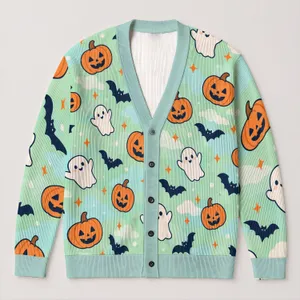Halloween Pumpkins, Bats and Ghosts for Cozy Autumn Layering and Casual Womenswear All-over Print Knitted Cardigan