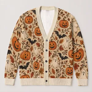 Pumpkins, Friendly Ghosts and Bats for Autumn Halloween Layering and Fall Gatherings All-over Print Knitted Cardigan