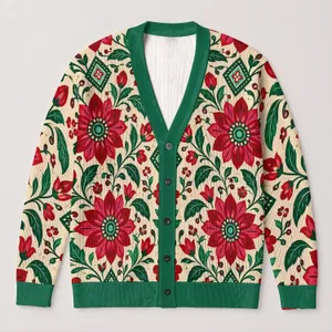 Red Green Floral Boho Botanical Style for Everyday Layering and Spring Autumn Wear All-over Print Knitted Cardigan