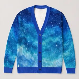 Blue Starry Sky Watercolor Look for Spring Vacation Layering Plus Size Women Casual All-over Print Knitted Cardigan