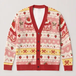 Strawberry Cake Motifs For Cozy Autumn Weekends, Vacation Dates, And Layering Style All-over Print Knitted Cardigan
