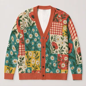 Colorful Floral Patchwork Style for Casual Spring Outings and Holiday Layering Women All-over Print Knitted Cardigan