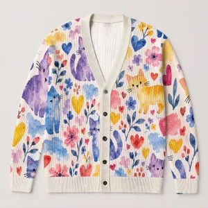 Colorful Watercolor Cat Hearts for Cozy Everyday Layering and Spring Gatherings All-over Print Knitted Cardigan