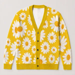 White Daisy Floral Yellow Spring Layering Look For Casual Everyday Weekend Wear All-over Print Knitted Cardigan