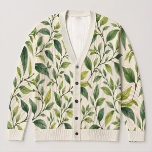Fresh Green Leaf Vines for Relaxed Everyday Layering and Bohemian Style Women All-over Print Knitted Cardigan