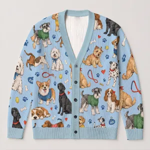 Vintage Dressed Dog Parade For Cozy Everyday Layering, Casual Weekends, And Dog Lovers All-over Print Knitted Cardigan
