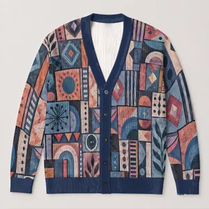 Abstract Indigo Patchwork Motifs for Layered Autumn Outfits and Everyday Weekend Style All-over Print Knitted Cardigan