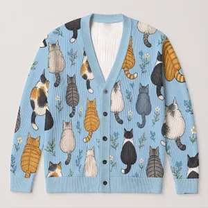 Playful Cat Silhouettes in Blue Tones for Casual Everyday Layering and Weekend Style All-over Print Knitted Cardigan